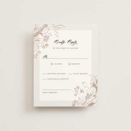 This is a cream rsvp cards with standard by Paper Raven Co. called sketched flora printing on signature in standard