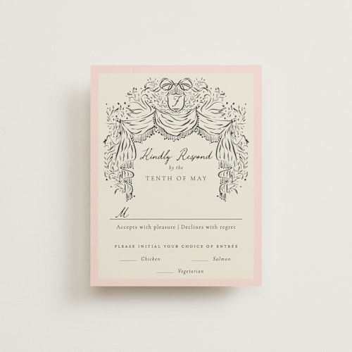 This is a peony rsvp cards with standard by Jackie Crawford called hand illustrated crest printing on signature in standard