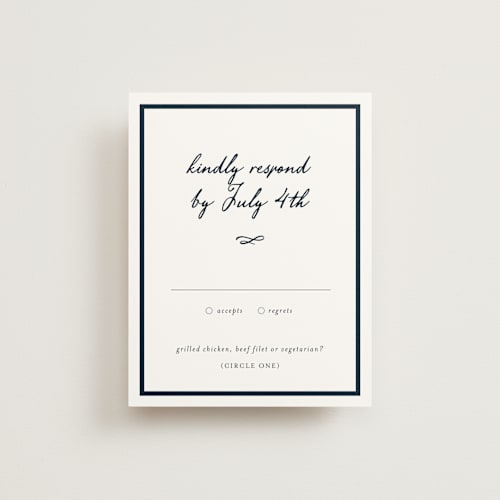 This is a midnight rsvp cards with standard by Sara Hicks Malone called signature monogram printing on signature in standard