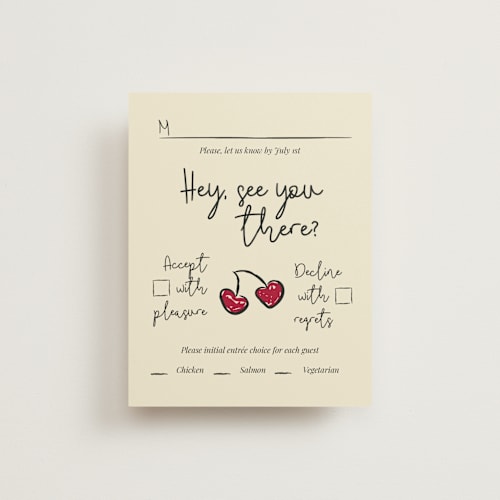This is a champagne rsvp cards with standard by Helena Vitto called modern love printing on signature in standard