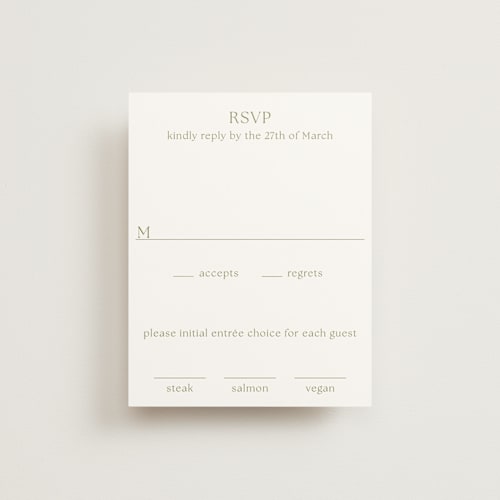 This is a moss rsvp cards with standard by Megan Davis called perriand printing on signature in standard