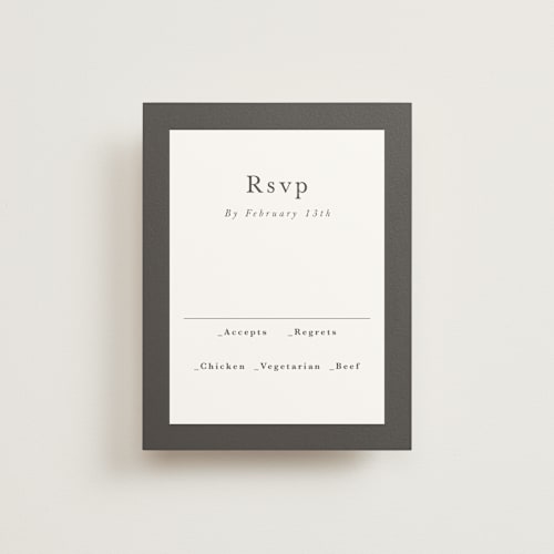 This is a charcoal rsvp cards with standard by Lori Wemple called monogram square printing on signature in standard