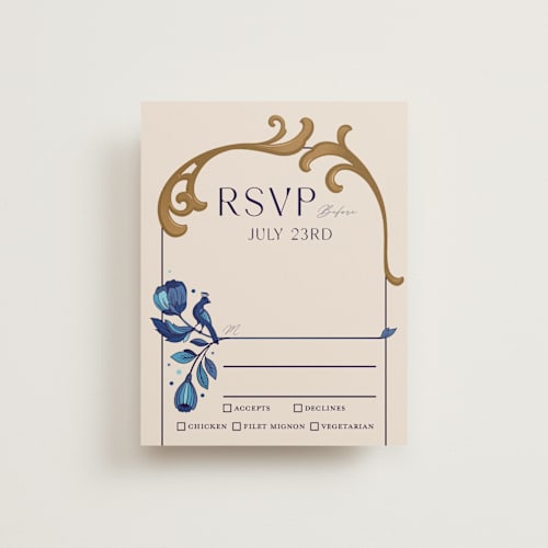 This is a cerulean rsvp cards with standard by GeekInk Design called gilded printing on signature in standard