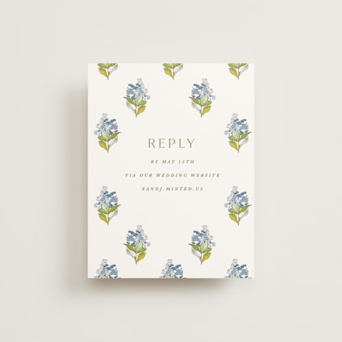 This is a bluebell rsvp cards with standard by Olivia Kanaley Inman called blockprint printing on signature in standard