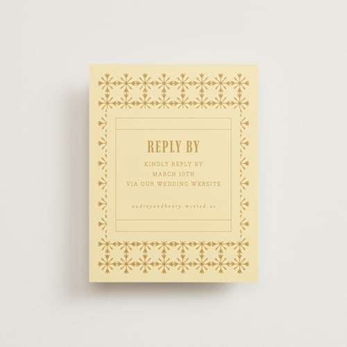 This is a butter rsvp cards with standard by Nazia Hyder called vintage label printing on signature in standard