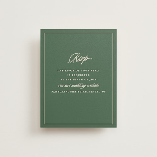 This is a emerald rsvp cards with standard by Creo Study called scripted printing on signature in standard