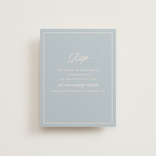 This is a powder blue rsvp cards with standard by Creo Study called scripted printing on signature in standard
