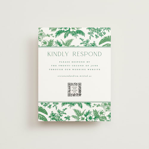 This is a jade rsvp cards with standard by Jenna Holcomb called tropical toile printing on signature in standard