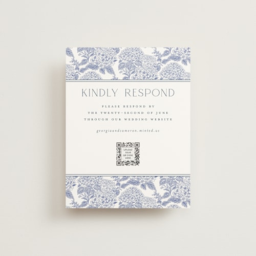 This is a periwinkle rsvp cards with standard by Jenna Holcomb called coastal toile printing on signature in standard