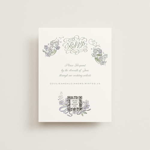 This is a violet rsvp cards with standard by Jenna Holcomb called forget me nots printing on signature in standard