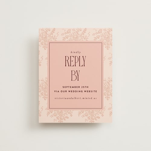 This is a burgundy rsvp cards with standard by Nazia Hyder called museum printing on signature in standard