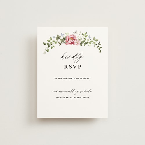 This is a peony rsvp cards with standard by Sarah Knight called ornate printing on signature in standard
