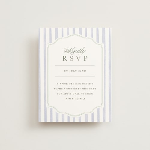 This is a periwinkle rsvp cards with standard by Kristen Smith called delicate vines printing on signature in standard