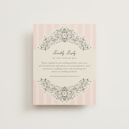This is a peony rsvp cards with standard by Jackie Crawford called hand illustrated crest printing on signature in standard