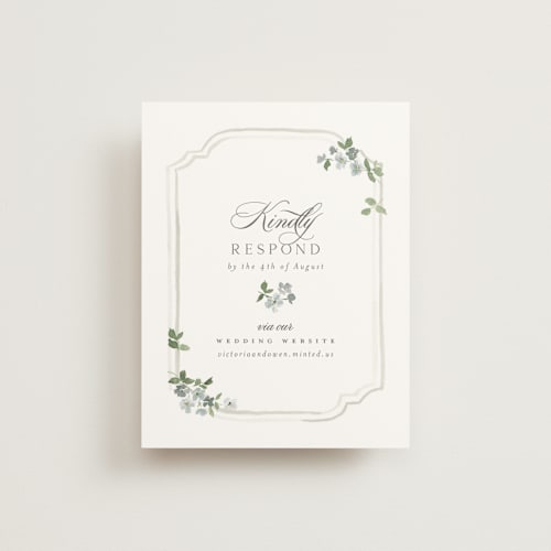This is a mist rsvp cards with standard by Everett Paper Goods called wistful printing on signature in standard