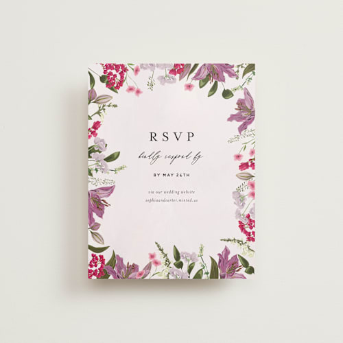 This is a lilac rsvp cards with standard by Susan Moyal called gather printing on signature in standard
