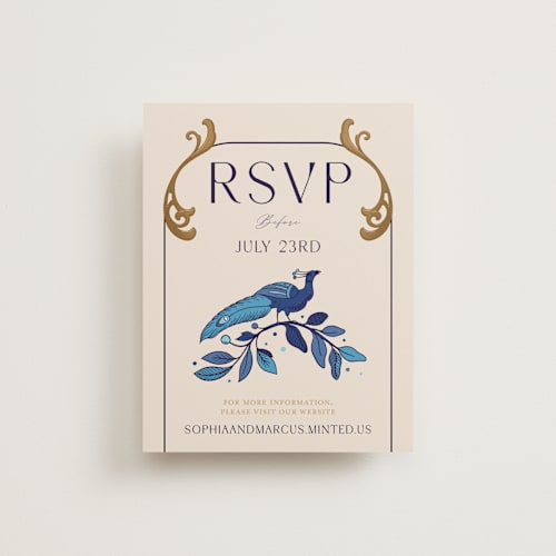 This is a cerulean rsvp cards with standard by GeekInk Design called gilded printing on signature in standard