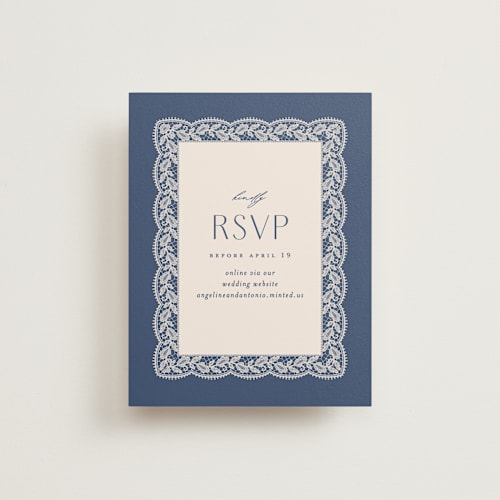 This is a indigo rsvp cards with standard by Erica Krystek called chantilly printing on signature in standard