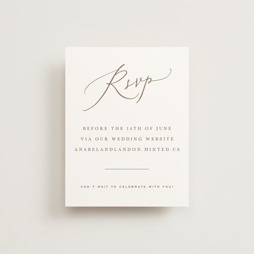 This is a pearl rsvp cards with standard by Hooray Creative called luxe script printing on signature in standard