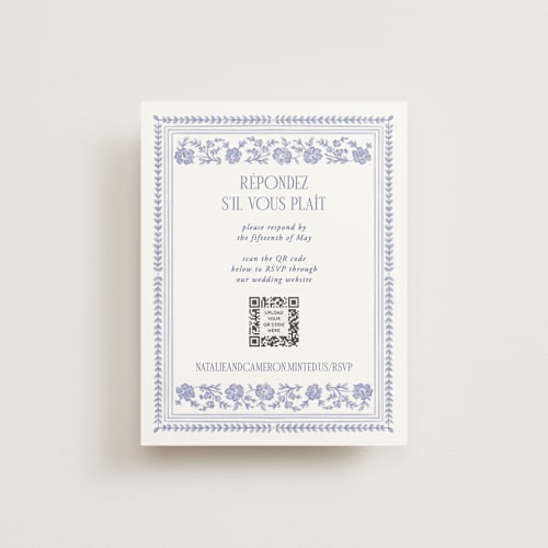 This is a cerulean rsvp cards with standard by Jenna Holcomb called embroidered printing on signature in standard