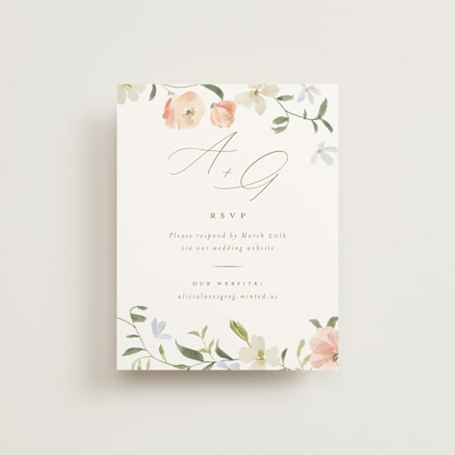 This is a peach rsvp cards with standard by Everett Paper Goods called garden view printing on signature in standard