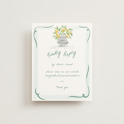 This is a celadon rsvp cards with standard by Pati Cascino called giardino printing on signature in standard