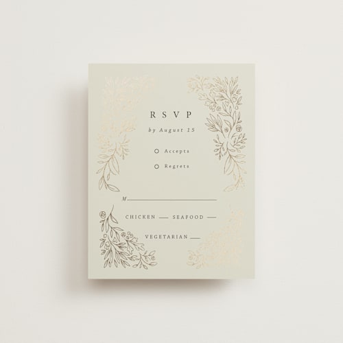 This is a taupe rsvp cards with foil pressed by Hannah Williams called foil botanical frame printing on signature in standard