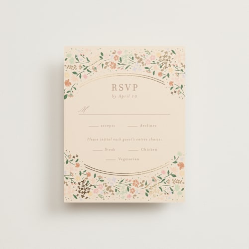 This is a ivory rsvp cards with foil pressed by Jennifer Wick called esther's garden printing on signature in standard