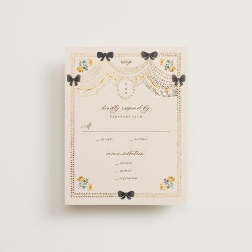 This is a golden rsvp cards with foil pressed by Claudia Orengo called tuileries printing on signature in standard