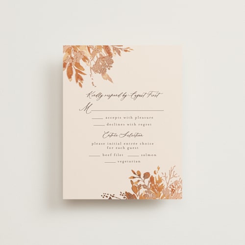 This is a rust rsvp cards with foil pressed by Chris Griffith called wedding in aspen printing on signature in standard