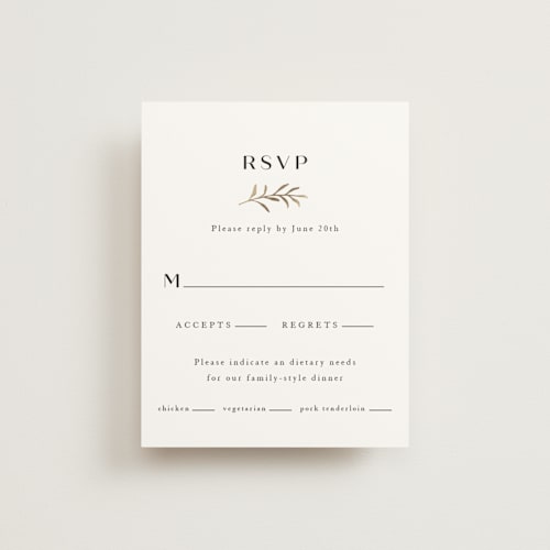 This is a black dahlia rsvp cards with foil pressed by Olivia Raufman called petite sprig printing on signature in standard