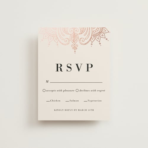 This is a champagne rose rsvp cards with foil pressed by Oma N. Ramkhelawan called regal mehndi printing on signature in standard