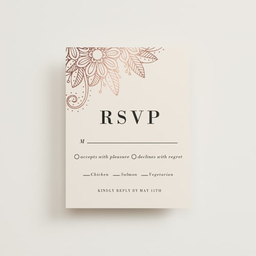 This is a peony rsvp cards with foil pressed by Oma N. Ramkhelawan called mandala corners printing on signature in standard