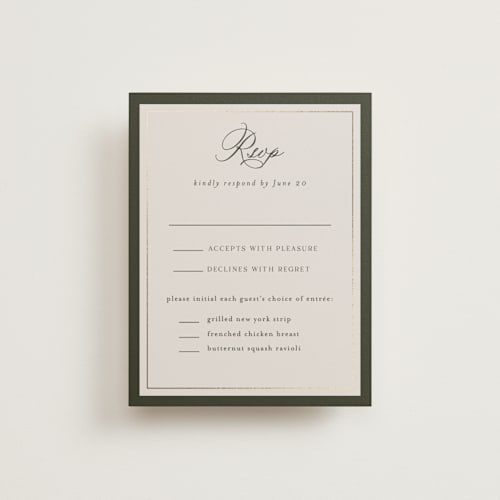 This is a deep olive rsvp cards with foil pressed by Nicole Walsh called refined printing on signature in standard