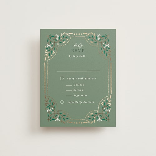This is a evergreen rsvp cards with foil pressed by Alethea and Ruth called illuminated storybook printing on signature in standard
