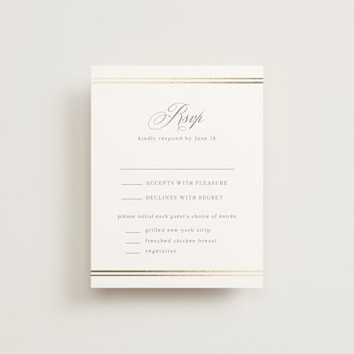 This is a pearl rsvp cards with foil pressed by Nicole Walsh called classic elegance printing on signature in standard