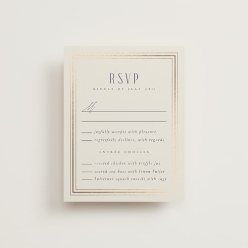 This is a dynasty blue rsvp cards with foil pressed by Ana de Sousa called tiled romance printing on signature in standard