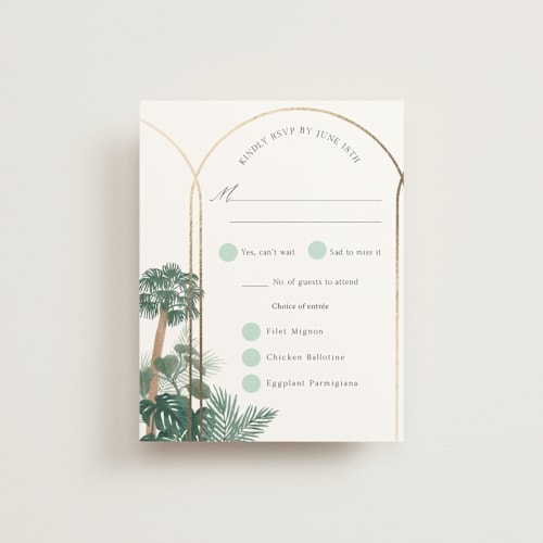 This is a seagreen rsvp cards with foil pressed by Elly called the greenhouse printing on signature in standard