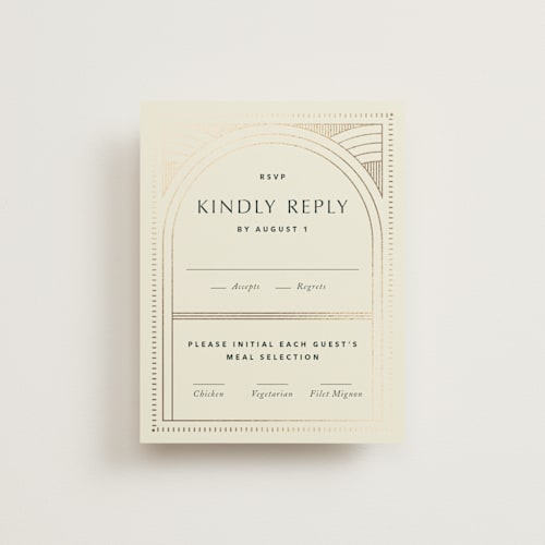 This is a fir rsvp cards with foil pressed by Kindred Fields called deco arch printing on signature in standard