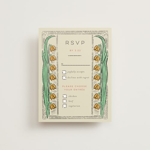 This is a birch rsvp cards with foil pressed by Shiny Penny Studio called deco spring florals printing on signature in standard