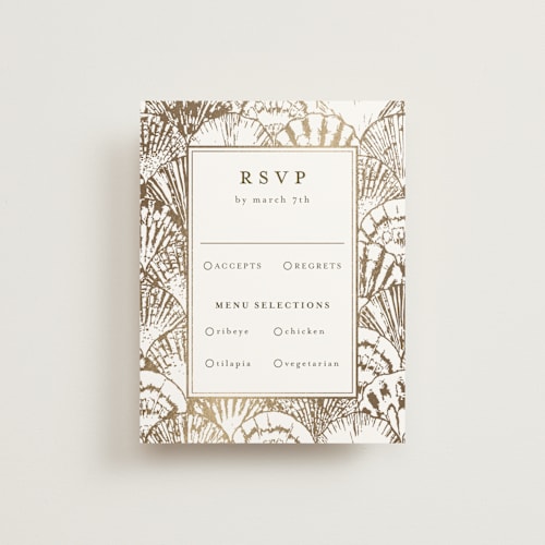 This is a pearl rsvp cards with foil pressed by Maria Alou called by the seashore printing on signature in standard