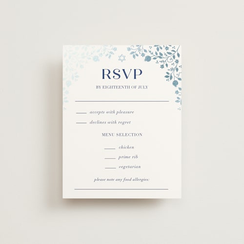 This is a royal rsvp cards with foil pressed by Nam Bourassa called pomegranate floral frame printing on signature in standard