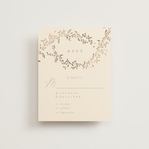 This is a sand rsvp cards with foil pressed by Creo Study called leafy garland printing on signature in standard