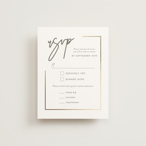 This is a milk white rsvp cards with foil pressed by Robin Ott called balanced printing on signature in standard