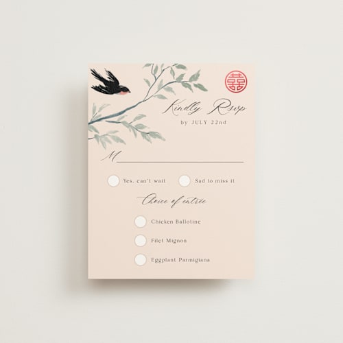 This is a cream rsvp cards with foil pressed by Elly called lovebirds printing on signature in standard