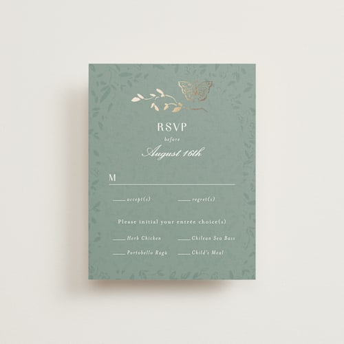 This is a eucalyptus rsvp cards with foil pressed by Simona Camp called southern romance printing on signature in standard