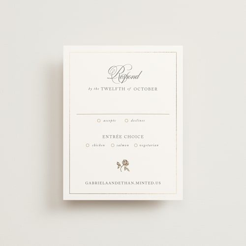 This is a classic bride rsvp cards with foil pressed by Design Lotus called here with you printing on signature in standard