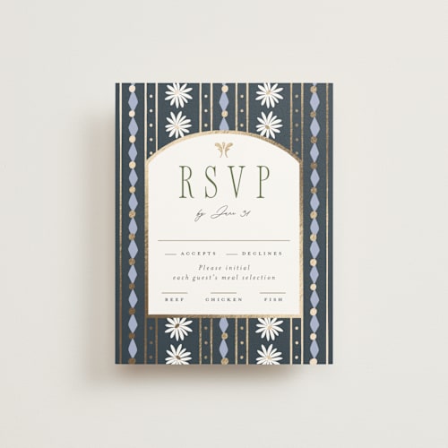 This is a periwinkle rsvp cards with foil pressed by Erin German called sadie printing on signature in standard