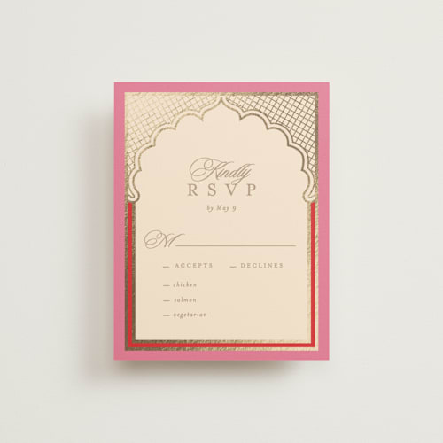 This is a carnation rsvp cards with foil pressed by Creo Study called mandapam printing on signature in standard