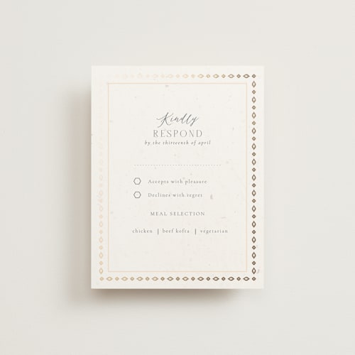 This is a scarlet rsvp cards with foil pressed by Sabrin Deirani called islamic arch printing on signature in standard